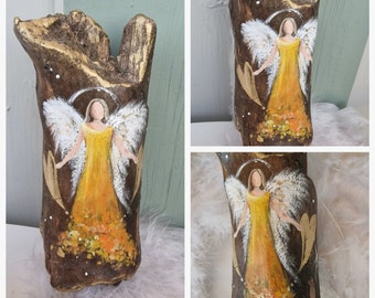 Guardian angel painted on driftwood * for hanging * 16 x 6.5 x 5 cm * Driftwood Lake Constance * Ocher Orange Curry