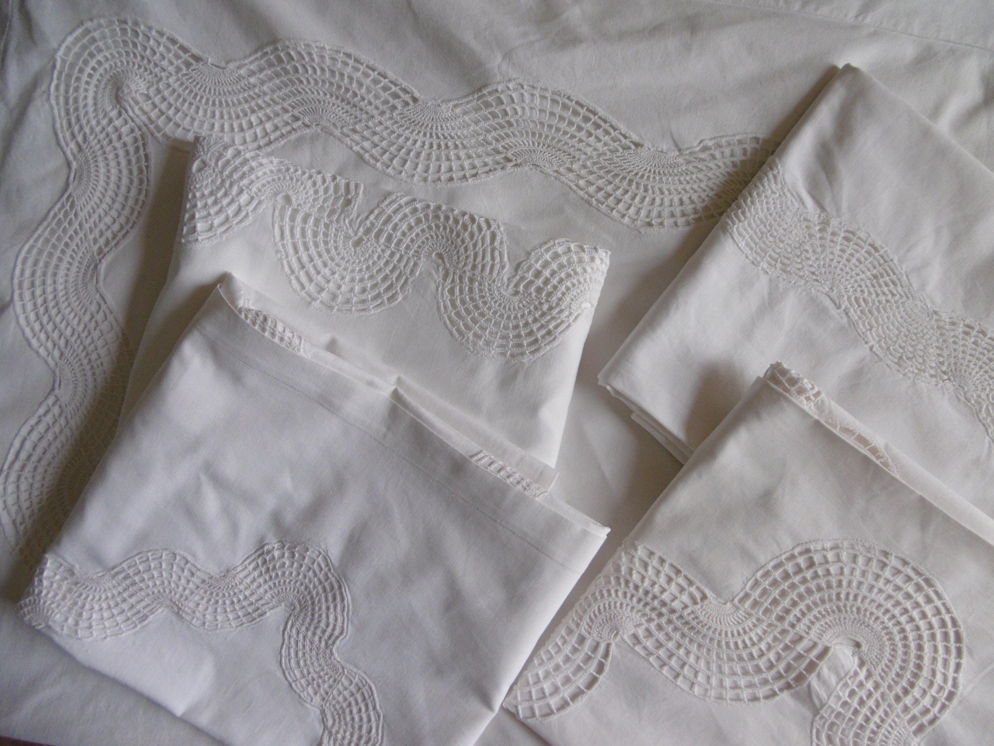 1 Housse et 4 Taies avec Dentelle en Entredeux