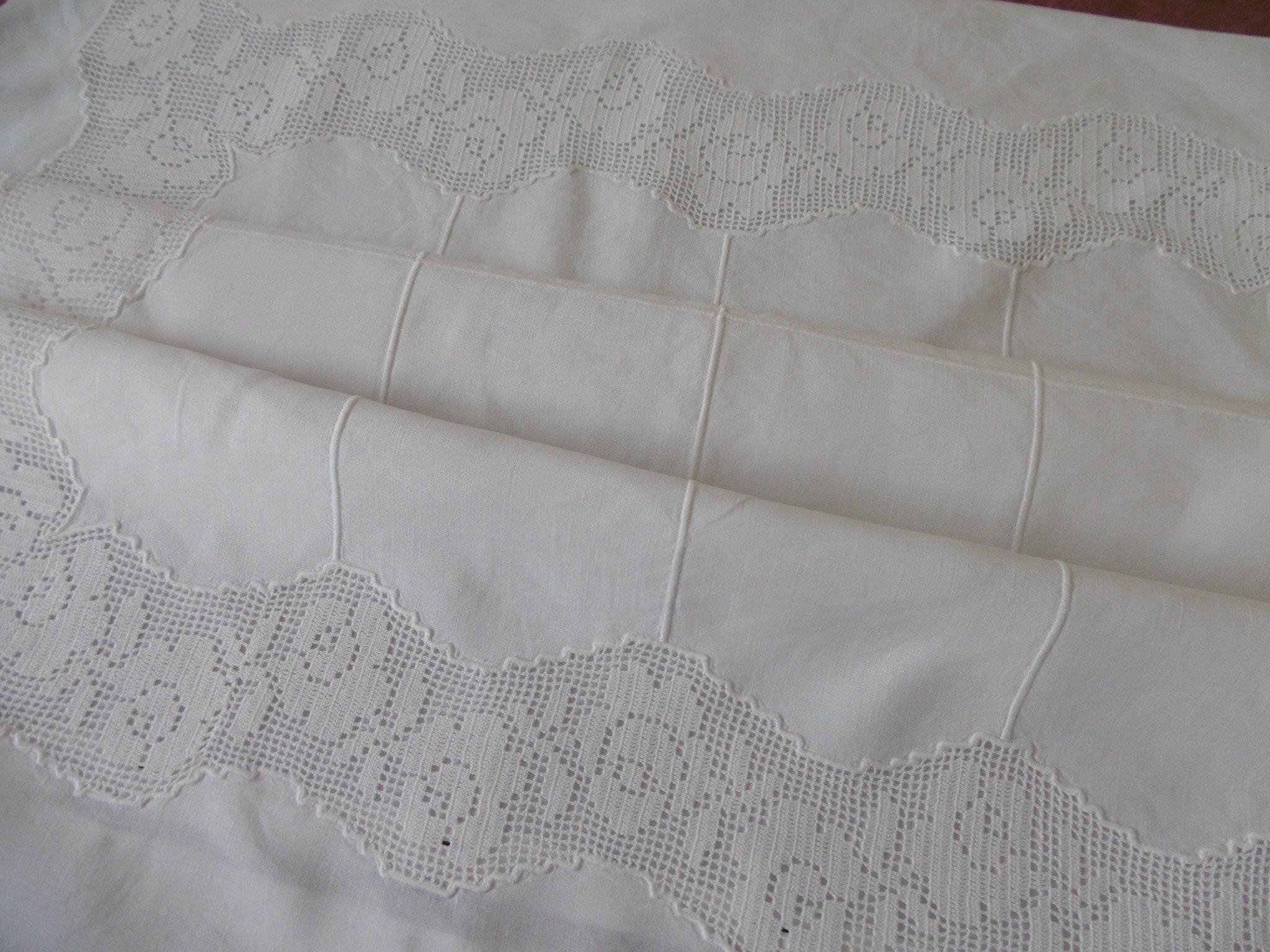 Taie en Lin avec Entredeux et Quadrillage Bourdon