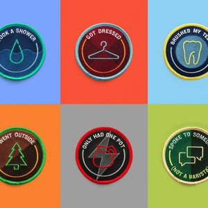 Work From Home Merit Badge - Set of 6 - 100% Embroidered Iron-on Patch - Funny Sarcastic Gift Idea - Coffee Shower Outdoors Pants Teeth