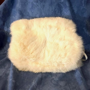 VTG rabbit fur muff, cream fur hand warmer, adult sized cream fur muff with satin wrist strap- preowned