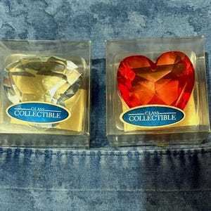 2-Vtg 50mm/1&quot; Heart Shape Crystal Diamond Faceted Glass Gems Paperweight - Decor Valentine&#39;s Day Gift Wedding -in original box-red/pale blue