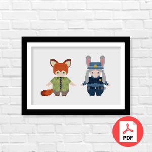 May include: Cross-stitch pattern featuring a fox and a bunny rabbit in a police uniform. The fox is wearing a green shirt and the bunny is wearing a blue uniform with a badge.