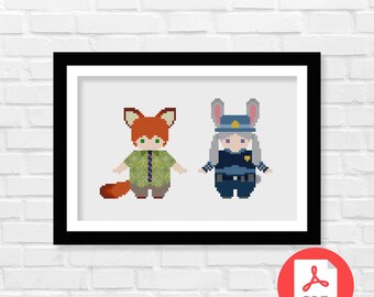 Fox and Bunny Cross Stitch Pattern: Zoo Animal Costumes (PDF Download