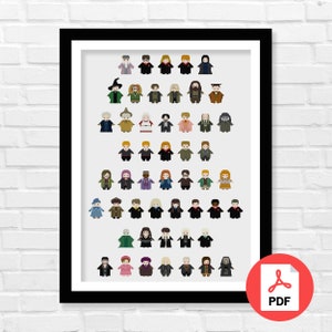 May include: A black and white printable PDF cross stitch pattern featuring a grid of 50 characters from the Harry Potter series. The characters are depicted in a pixelated style, with each character wearing a different outfit and expression.
