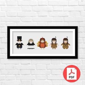 Mini People Thanksgiving Day Costume Cross Stitch Pattern PDF, Turkey Cross Stitch, Autumn Cross Stitch, Home Decor, Digital Download