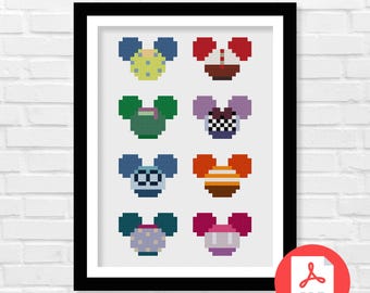 Mickey Head Feelings Cross Stitch Pattern, Joy, Sadness, Anger (PDF Download)