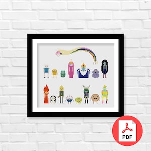 May include: A framed cross-stitch featuring characters from the animated series Adventure Time. The artwork showcases pixelated figures of Finn, Jake, Princess Bubblegum, and other characters, with a rainbow and a unicorn. The frame is black.