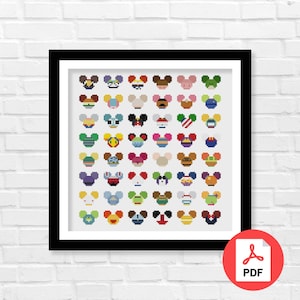 Könnte beinhalten: Ein druckbares Kreuzstichmuster mit einer Sammlung von 64 bunten Mickey-Mouse-Ohren. Das Muster enthält verschiedene Charaktere von Disney, wie Mickey Mouse, Minnie Mouse, Donald Duck, Goofy und Pluto.