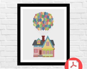 Balloon House Cross Stitch Pattern - Up in The Sky - Inspired Cross Stitch Pattern - Adventure - Home Sweet Home - PDF Download