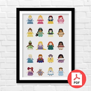 Pixel Princesses Cross Stitch Pattern PDF, Princesses Cross Stitch Pattern, Inspired Cross Stitch, Home Decor, The Girls, PDF Download