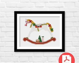 Rocking Horse Christmas Cross Stitch Pattern  - Merry Christmas and Happy New Year -  Christmas Ornament - PDF Download