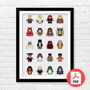May include: A printable cross-stitch pattern featuring 25 different superhero characters in a pixelated style. The characters are arranged in a grid and are all wearing their signature costumes. The pattern is perfect for fans of superheroes and cross-stitch.