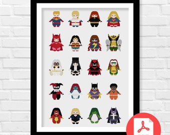Female Superheroes Cross Stitch Pattern, Comic Art (PDF Download)
