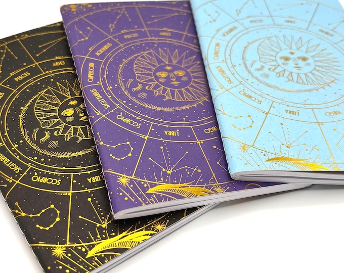 Mini Celestial Notebook Set: Gold Foil Zodiac, Moon & Stars