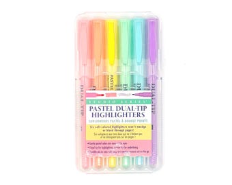 Pastel Dual-Tip Highlighters | 6pc Set Chisel & Narrow Dual Tipped Highlighter Marker Pens