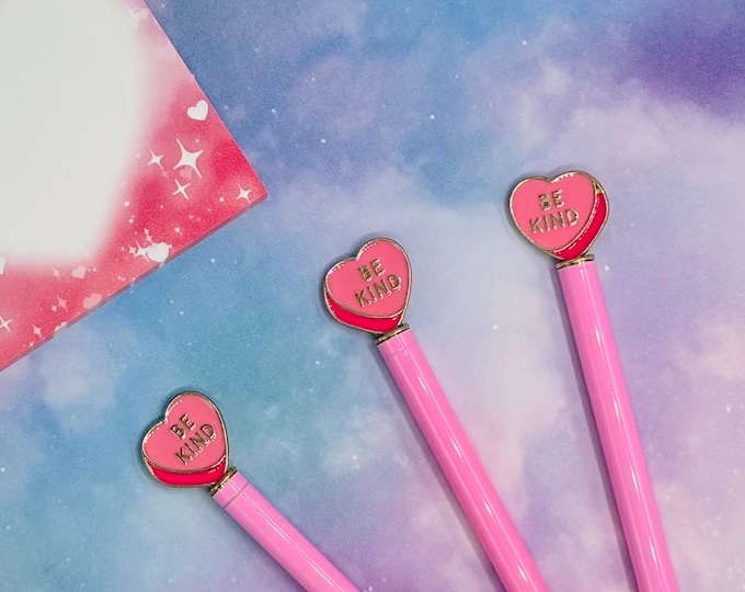 Be Kind Heart Charm Metal Pen - Ballpoint Ink Pen Retractable Heart-Shaped Enamel Pink Fine Writing Pen Gift