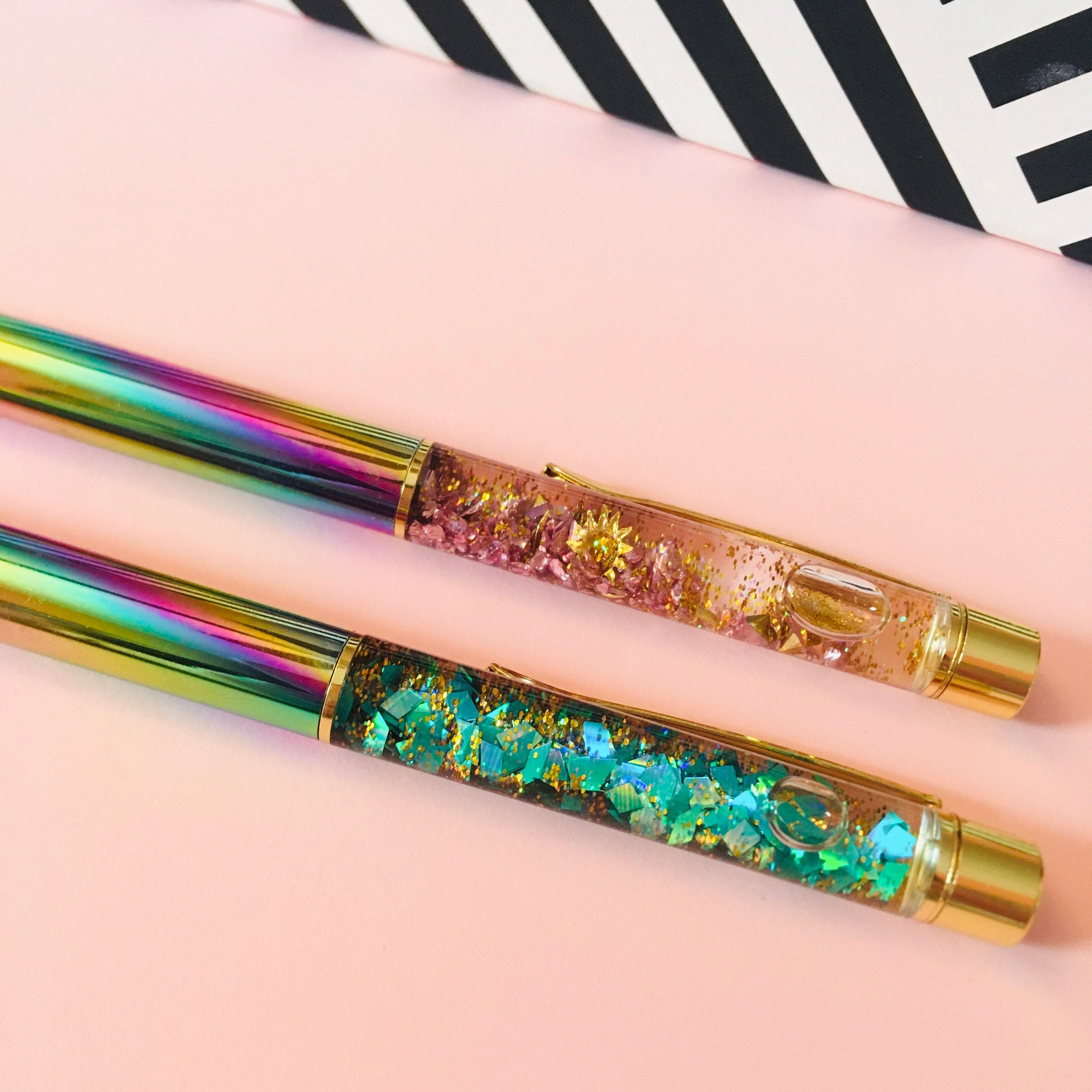 Golden Glitter Charm Pen in Rainbow Gradient Handmade Flow Pens in