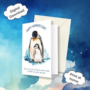Tarjeta del Día de la Madre con Pingüinos - Tarjeta imprimible de Mamá y Bebé Pingüino, interior en blanco, para imprimir en casa, descarga digital