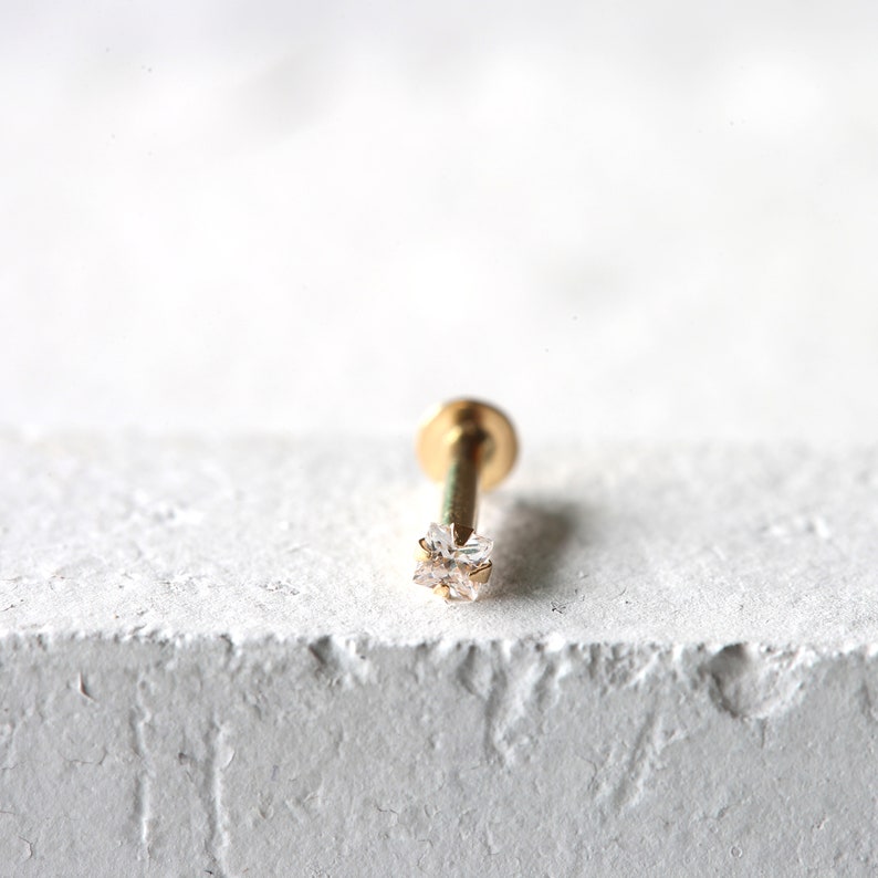 14k Solid Gold Cartilage Stud 16 Gauge 14K Gold Helix Stud Push Pin Conch Stud 14k Solid Gold 2mm Square CZ Labret Piercing Stud