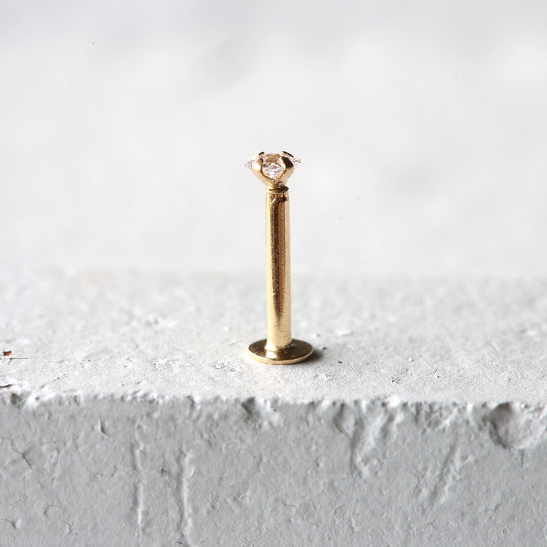 14k Solid Gold Cartilage Stud 16 Gauge 14K Gold Helix Stud Push Pin Conch Stud 14k Solid Gold 2mm Square CZ Labret Piercing Stud
