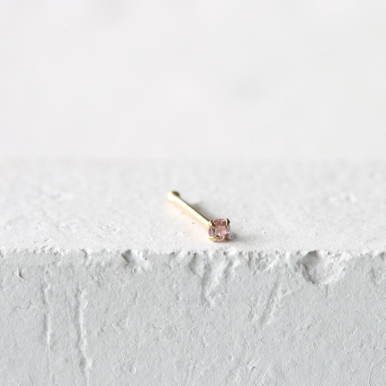 Pink CZ Nose Bone 9k Solid Gold 1.5mm Pink CZ Nose Stud 9k Solid Gold Stud 23 Gauge 9K Gold Nose Bone