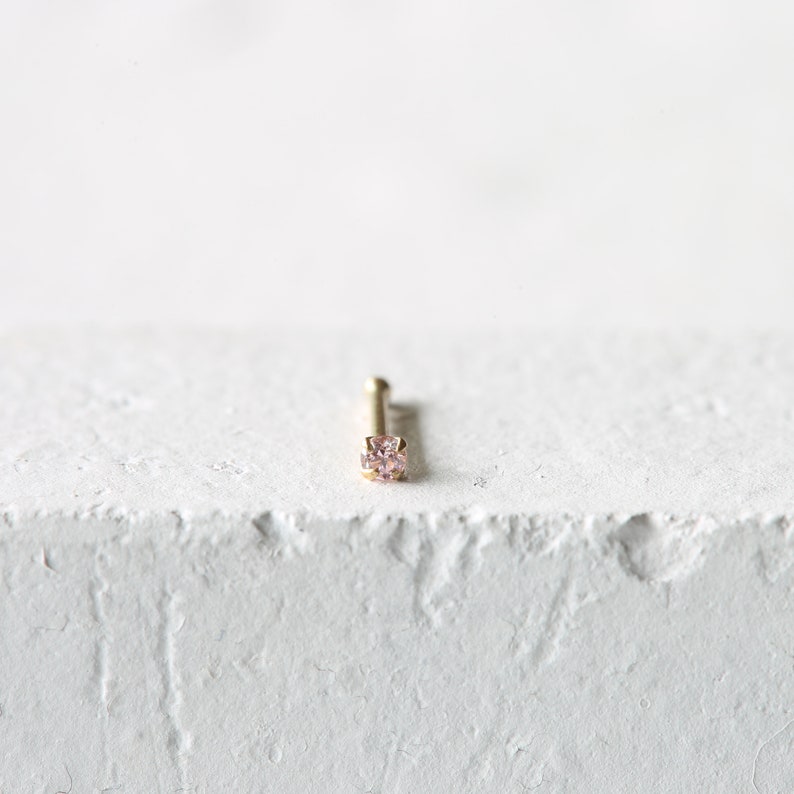 Pink CZ Nose Bone 9k Solid Gold 1.5mm Pink CZ Nose Stud 9k Solid Gold Stud 23 Gauge 9K Gold Nose Bone