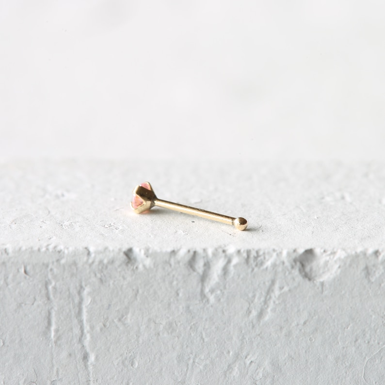 Pink CZ Nose Bone 9k Solid Gold 1.5mm Pink CZ Nose Stud 9k Solid Gold Stud 23 Gauge 9K Gold Nose Bone