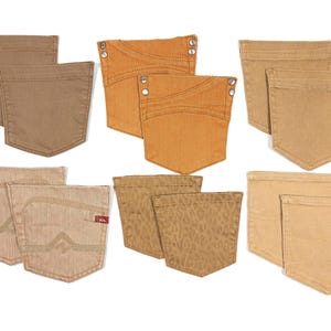 May include: Assortment of six pairs of denim pockets in various shades of brown and tan. The pockets are all different styles and have different textures.