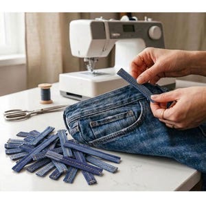 Peut inclure: Gros plan sur la couture de tissu denim. Une paire de mains travaille sur une poche de jean bleu, avec une machine à coudre en arrière-plan. Plusieurs bandes de denim sont éparpillées sur la table, ainsi que des ciseaux et du fil.