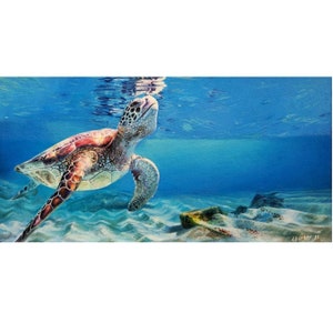 Adorable Sea Turtle Realistic Oil Painting| Original Wall Art |"Turtle Mate" - Seascape, Sealife Nature Art | Wood Paneling | Perfect Gift