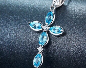 Unusual Solid Sterling Silver 925 Blue Topaz Cross Pendant Necklace 18" box 
