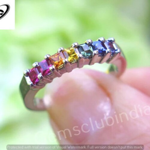 14k gold rainbow sapphire band ring, multi sapphire Band, orders multi gemstone eternity band, Anniversary Ring Birthstone Band Gift For Her