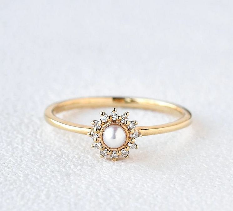 Dainty Pearl Ring Diamond Pearl Ring 14k Vintage Pearl - Etsy