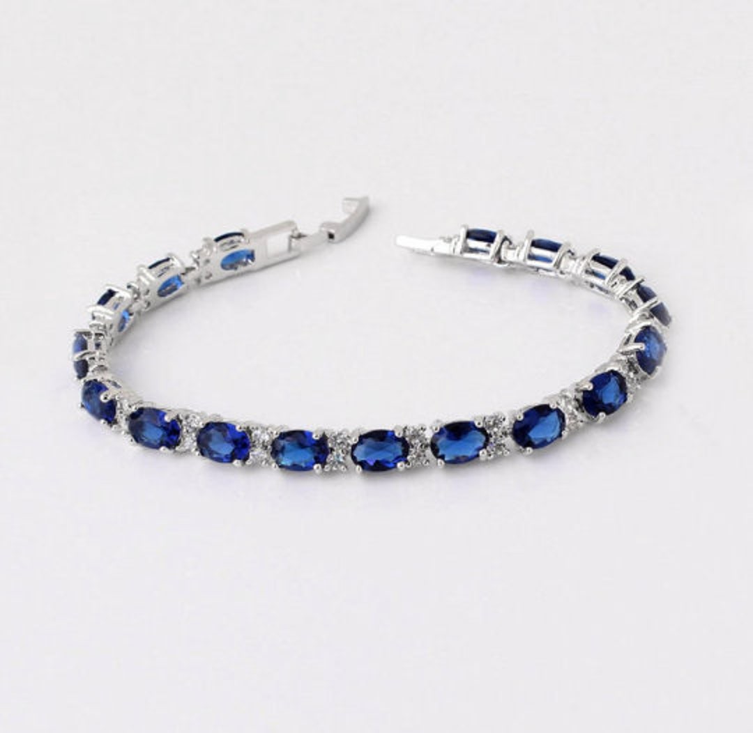 Blue Sapphire Diamond Tennis Bracelet 925 Sterling Silver Etsy