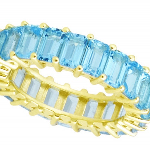 Blue Topaz Emerald Cut Eternity Band, Blue Topaz Full Eternity Ring, Yellow Gold Band, Gemstone Ring, Gift Idea, Wedding shops Band, Gift for Her