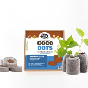 May include: A box of Coco Dots peat-free coir plug pellets for starting seeds. The box is brown with blue and white text. There are three small plants growing in the Coco Dots, and a pile of the pellets are in the foreground.