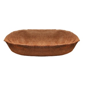 May include: A brown, oval-shaped, coconut coir hanging planter basket.