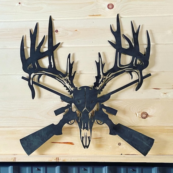 Metal Deer Skull and Gun Sign - Metal Man Cave Sign - Garage Sign - Hunting Decor - Metal Deer Skull - Gift For Him - Metal Antlers