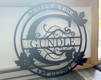 Personalized Family Name Metal Sign | Housewarming Gift | Canada Leaf Sign | Wedding Gift | Leaf Metal Monogram Sign | Maple Leaf Decor
