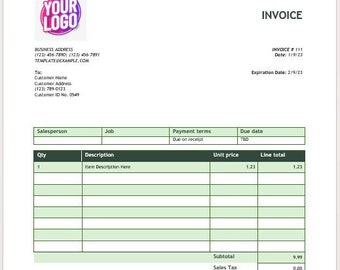 May include: A green and white invoice template with the text "INVOICE" in black at the top. The invoice includes fields for customer information, item description, unit price, line total, subtotal, sales tax, and total. The invoice also includes the text "THANK YOU FOR YOUR BUSINESS!" at the bottom.