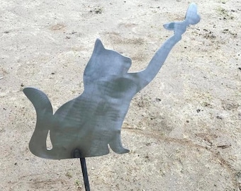 Metal Cat Stake - Metal Cat Garden Stake - Cat and Butterfly Garden Stake - Rusty Garden Decor - Flower Bed Decor - Mother's Day Gift