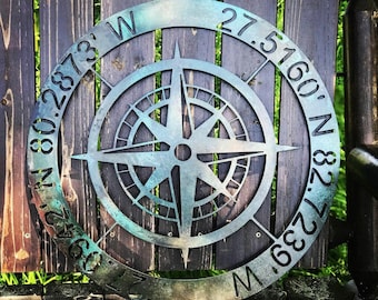 Personalized Compass Metal Sign - Custom Coordinates Sign - Nautical Decor - Patina Compass - Metal Compass Decor - Custom Metal Compass