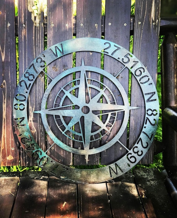 Personalized Compass Metal Sign - Custom Coordinates Decor - Nautical Art - Patina Compass