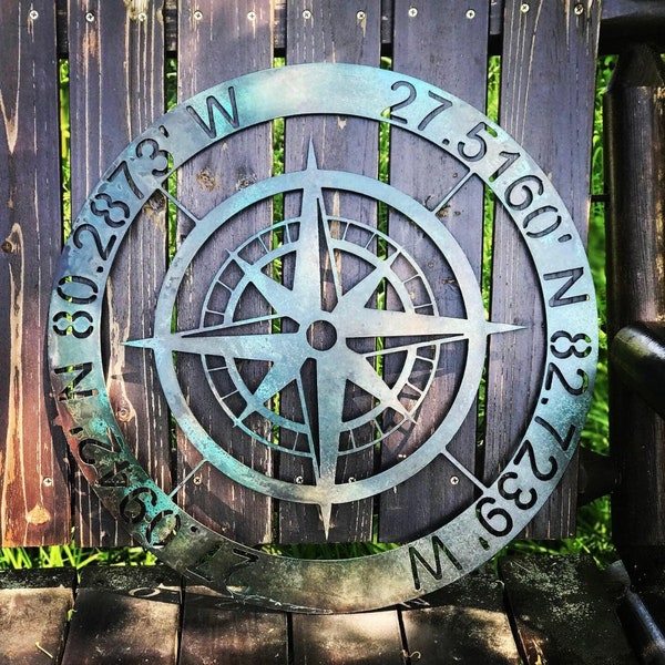 Personalized Compass Metal Sign - Custom Coordinates Sign - Nautical Decor - Patina Compass - Metal Compass Decor - Custom Metal Compass