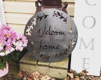 Welcome Sign - Metal Welcome To Our home Sign - Metal Welcome Sign - Front Porch Sign - Spring Decor - Laurel Wreath Metal Welcome Sign