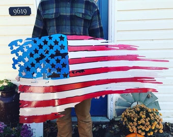 LARGE American Tattered Flag - Aluminum Flag - Tattered American Flag - Exterior / Interior Flag - Retirement Gift - Barn Flag -Weatherproof
