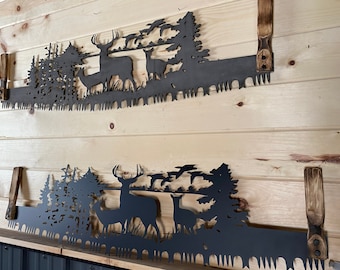 Sega a taglio trasversale con scena di fauna selvatica e manici a mano - Sega a taglio trasversale da appendere alla parete - Cabina, arredamento rustico - Regalo per lui - Regalo per la festa del papà