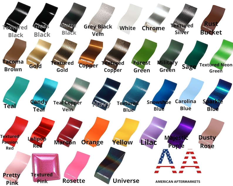 Puede incluir: Una tabla de 25 colores de pintura diferentes, incluyendo negro texturizado, negro brillante, negro mate, veta negra gris, blanco, cromo, plata texturizada, cubo de &oacute;xido, marr&oacute;n tacoma, oro, oro texturizado, cobre, cobre texturizado, verde bosque, verde militar, salvia, verde ne&oacute;n texturizado, azul verdoso, azul caramelo, veta de cobre azul verdoso, azul marino, azul texturizado, azul raqueta de nieve, azul carolina, azul brillante, rojo pasi&oacute;n texturizado, rojo piruleta, granate, naranja, amarillo, lila, morado majestuoso, rosa polvoriento, rosa bonito, rosa texturizado, roseta y universo.