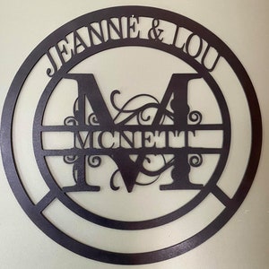 Signo de monograma de metal personalizado redondo - signo de nombre de familia - signo de apellido - signo de metal signo de puerta principal - 11º aniversario de acero de boda